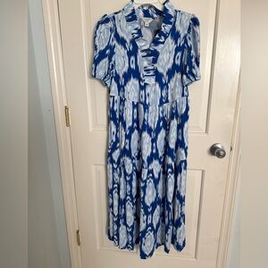 Crown & Ivy Blue and White Ikat Midi Dress, ruffled neck, XS, short sleeve NWT